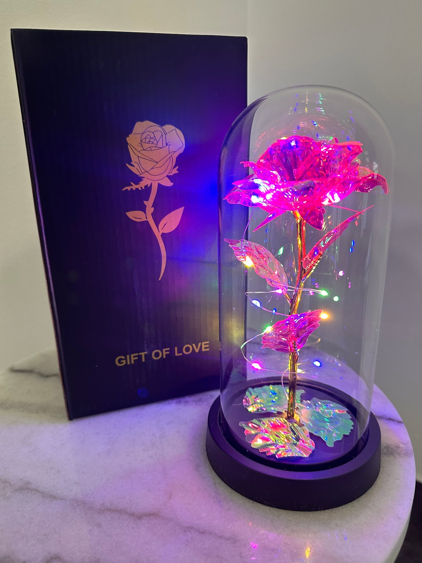 Galaxy Rose in a Glass Dome - Red and Pink
