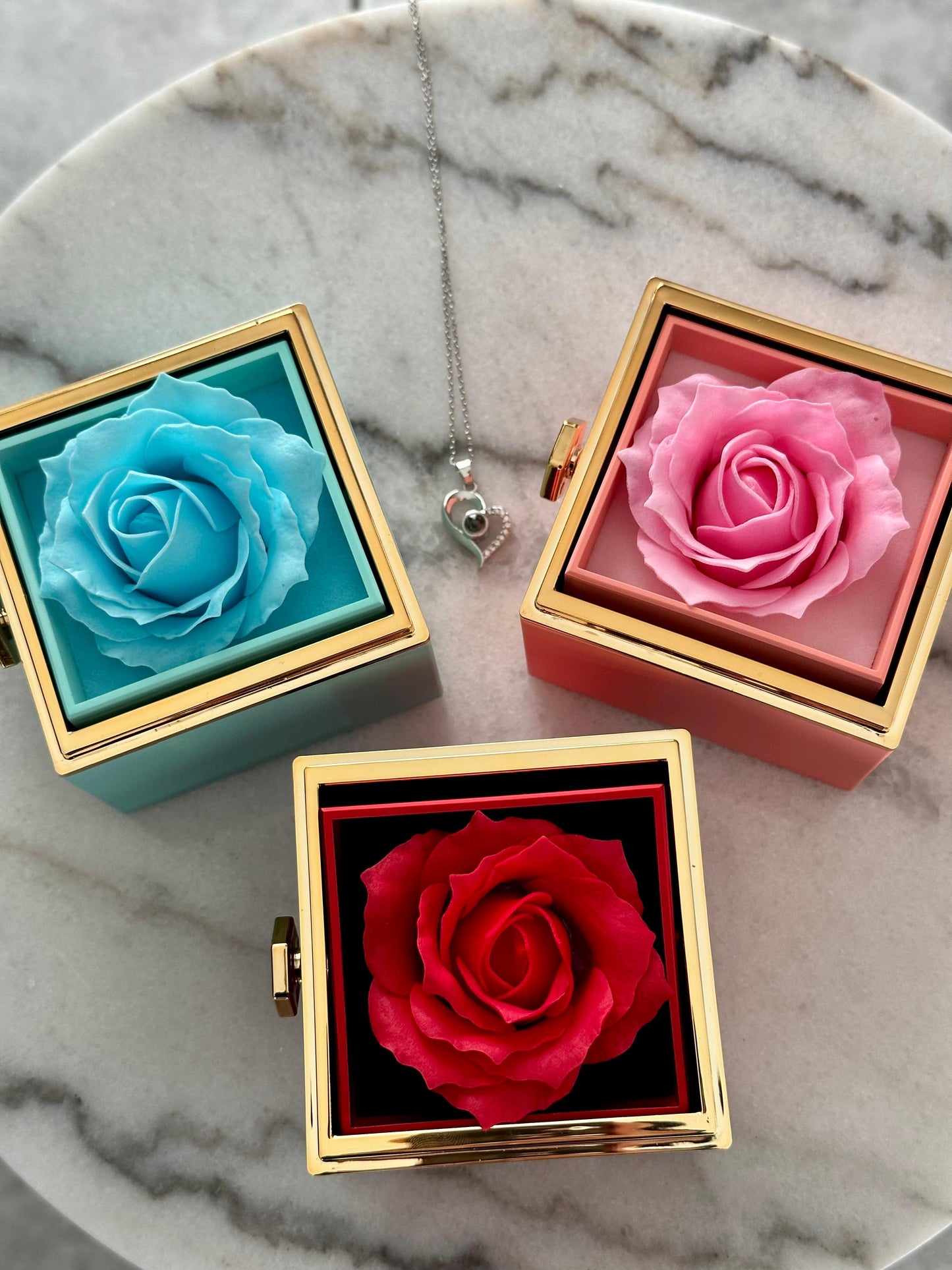 Spinning Rose Jewelry Box with Beautiful “I Love You” Necklace