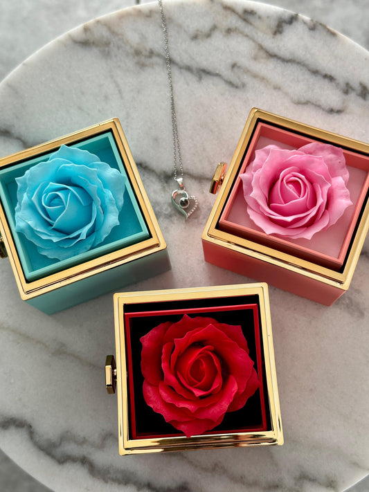Spinning Rose Jewelry Box with Beautiful “I Love You” Necklace