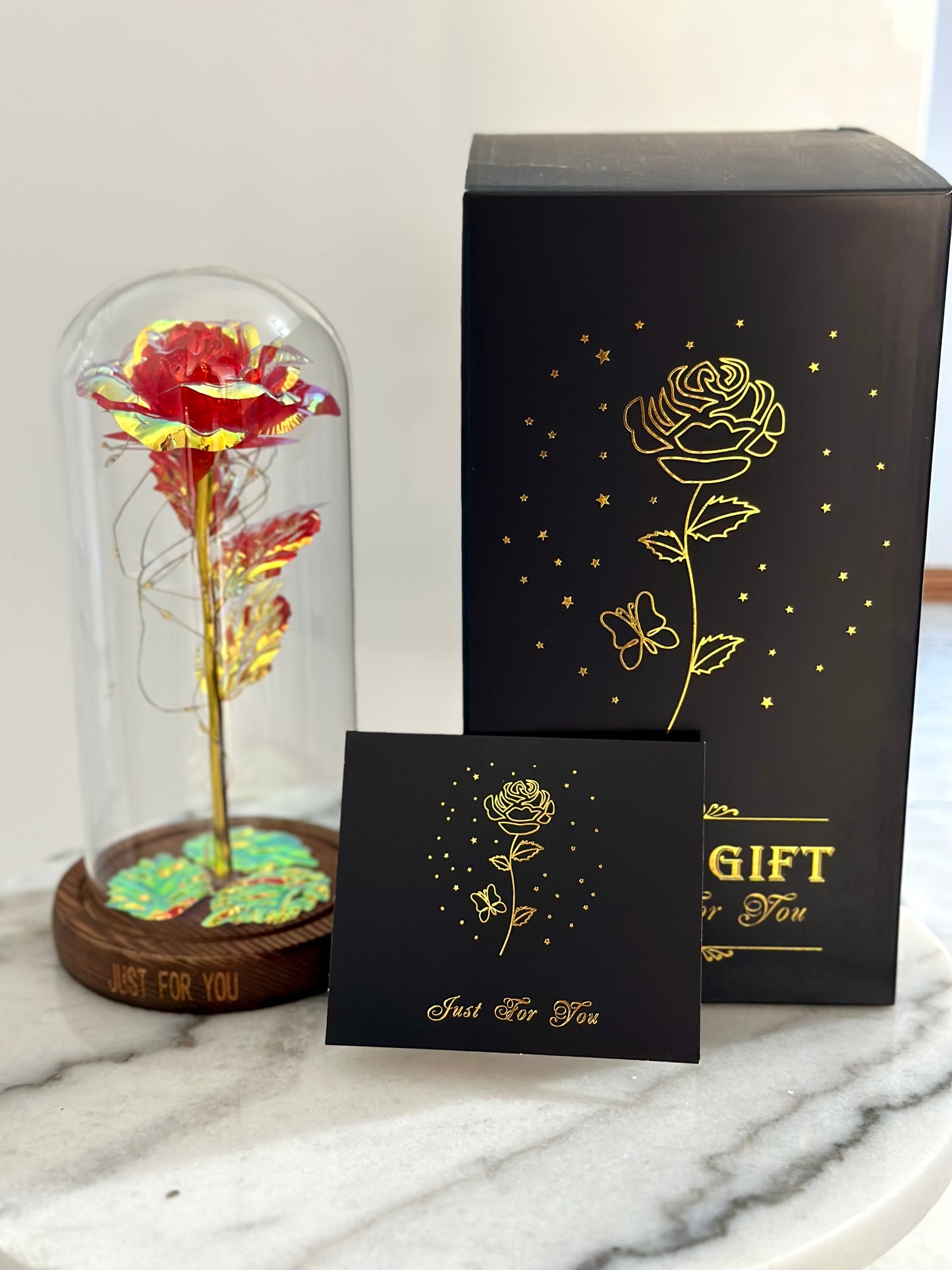 Luxury Galaxy Rose in a Glass Dome - Red, Pink and Pearl