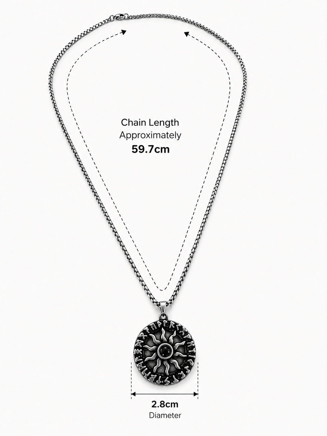 Silver-toned round pendant necklace with an ornate sunburst design, shown on a white background with measurement annotations indicating a chain length of approximately 59.7 cm and a pendant diameter of 2.