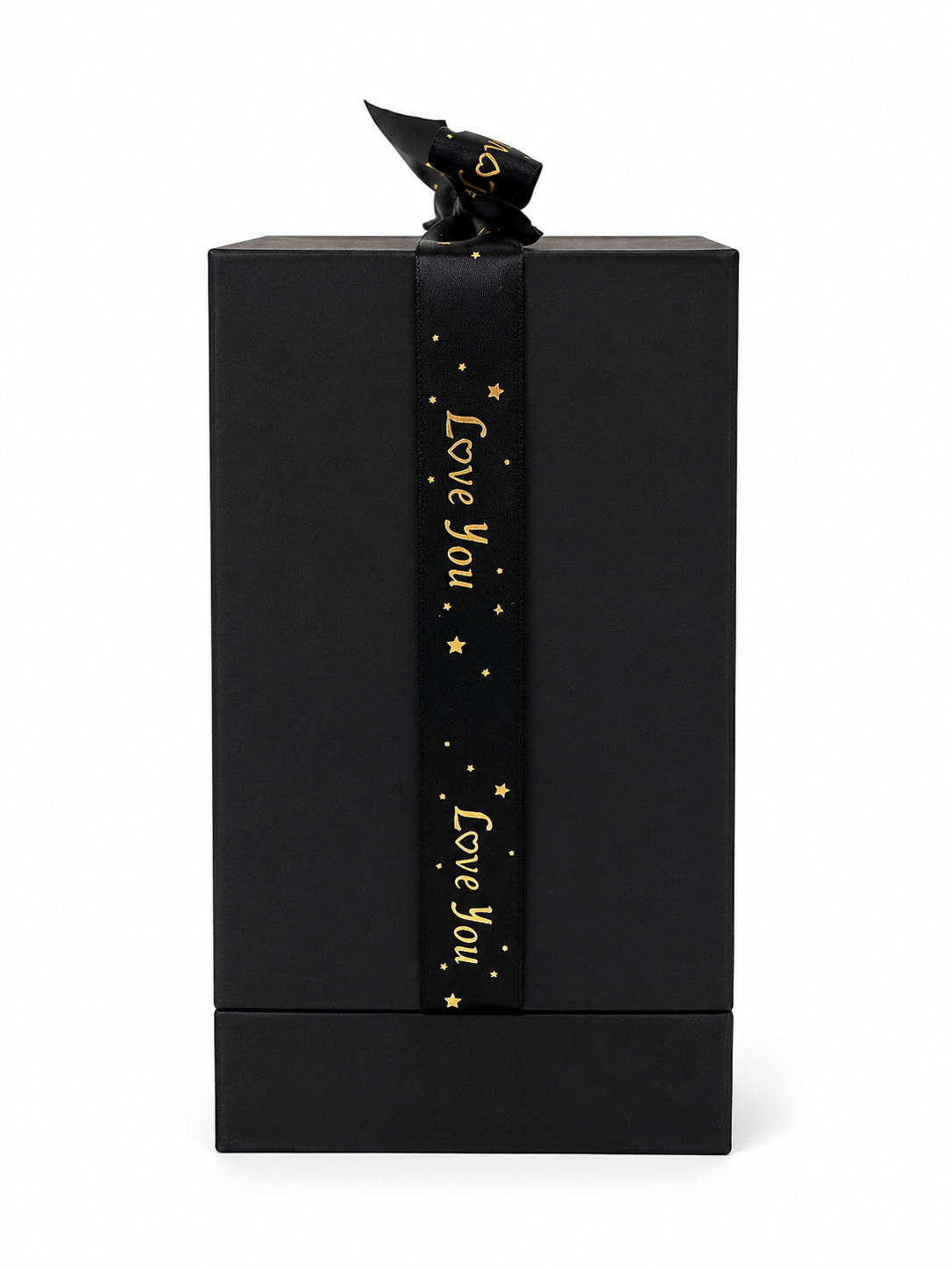 BOXED by Dee Premium gift box. Black box with Premium black satin ribbon with gold foil text positioned on a white background. 
