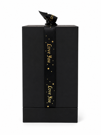 BOXED by Dee Premium gift box. Black box with Premium black satin ribbon with gold foil text positioned on a white background. 
