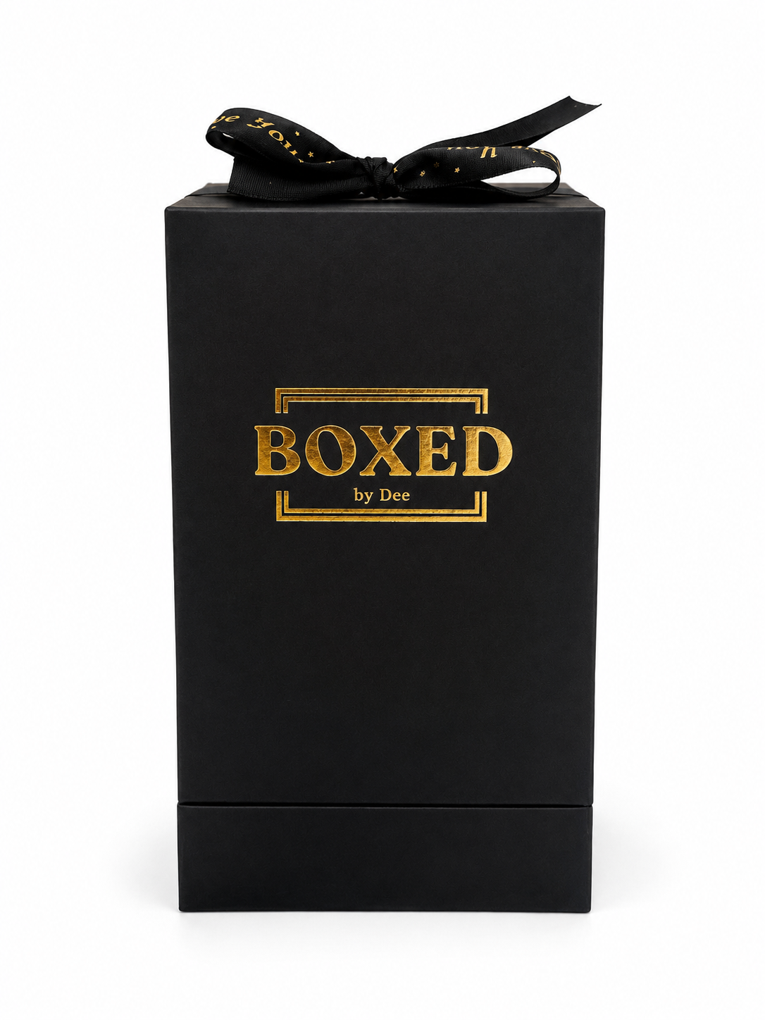 BOXED by Dee Premium gift box. Black box with Premium Gold Foil BOXED by Dee logo and premium black satin ribbon with gold foil text positioned on a white background. 