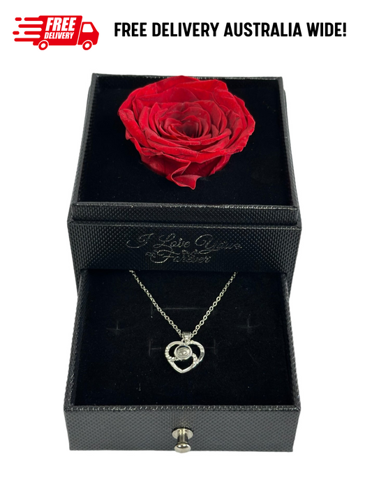 Preserved Rose Jewelry Box with Beautiful Silver Heart Necklace