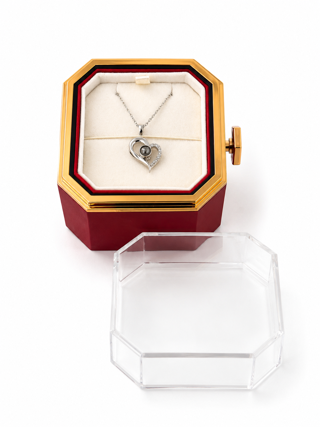 Square Preserved Rose Jewellery Flip Box with Beautiful Heart Necklace