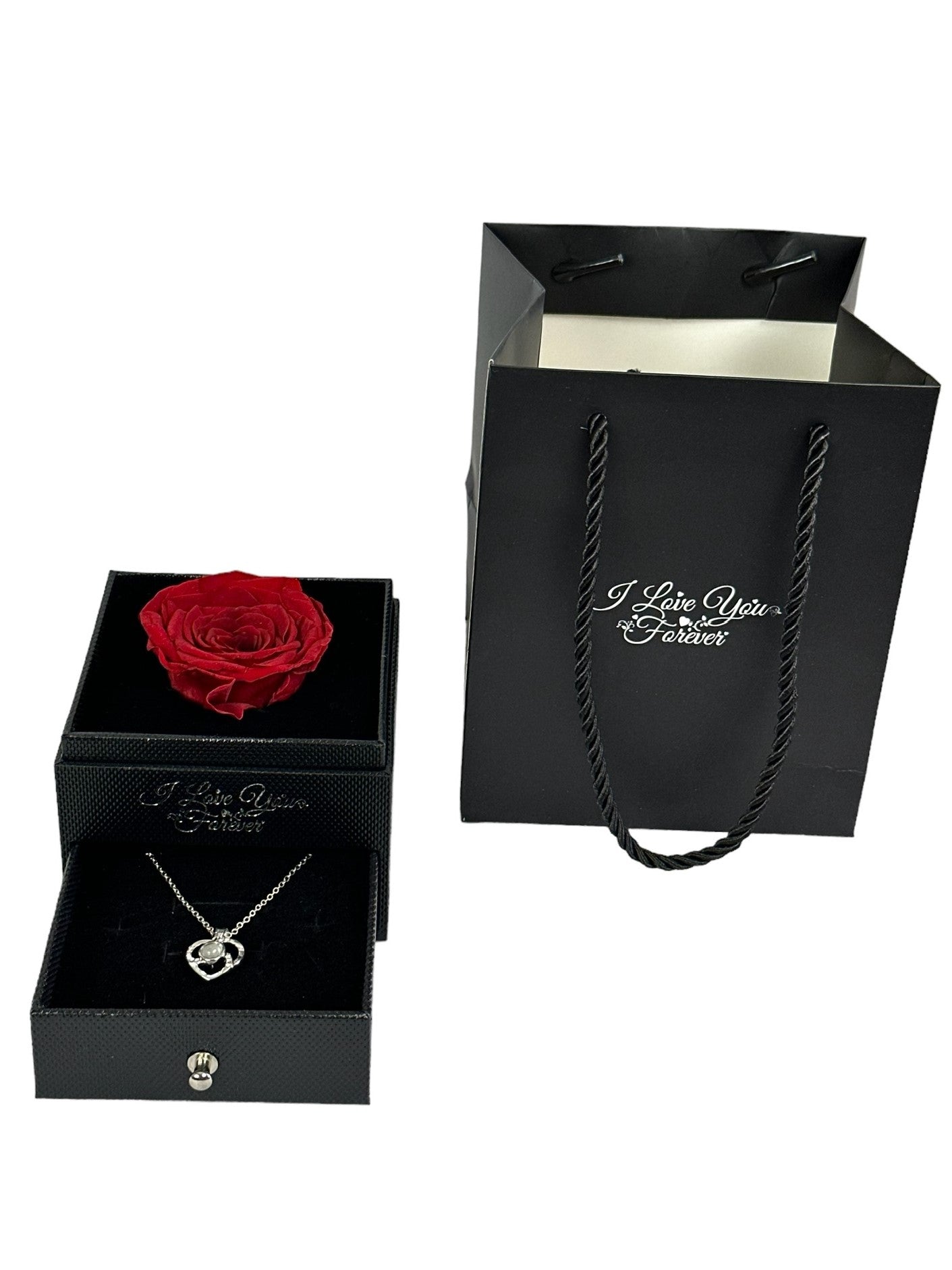 Preserved Rose Jewelry Box with Beautiful Silver Heart Necklace