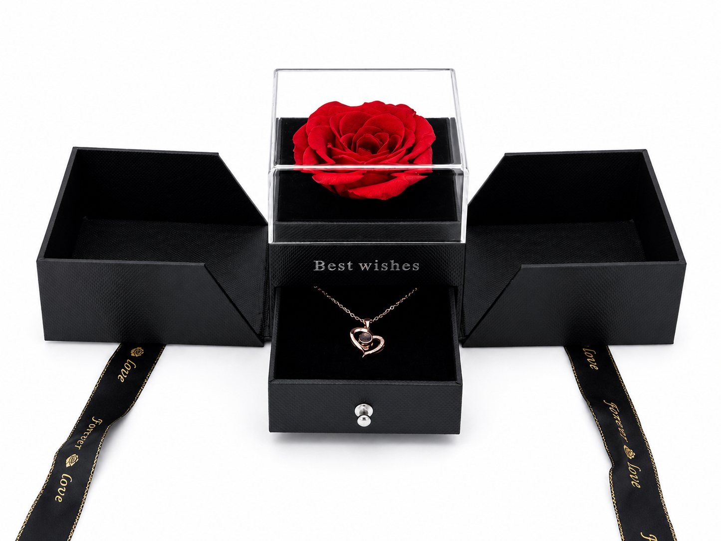 Preserved Rose Surprise Jewellery Box with Beautiful Heart Necklace