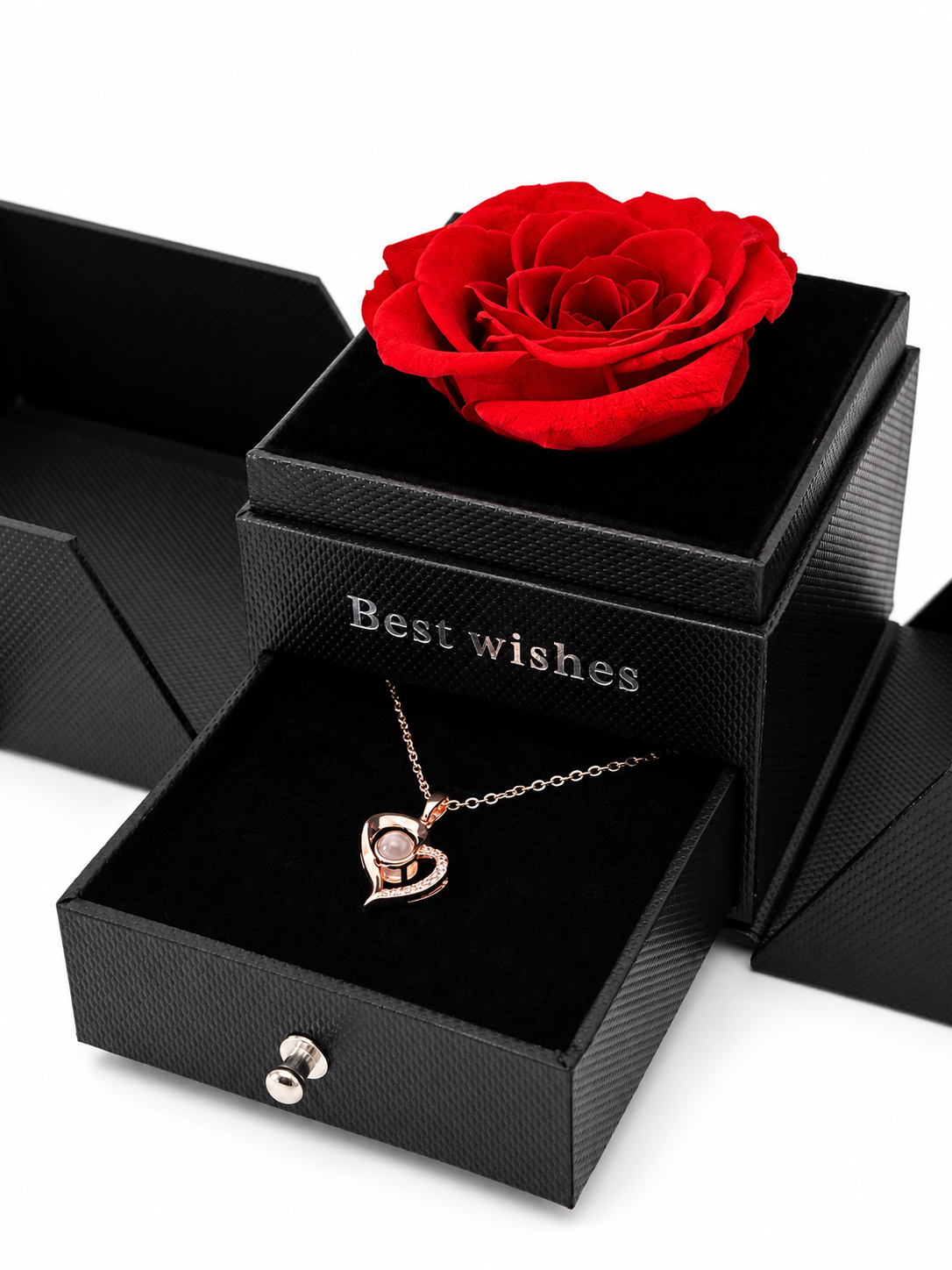 Preserved Rose Surprise Jewellery Box with Beautiful Heart Necklace