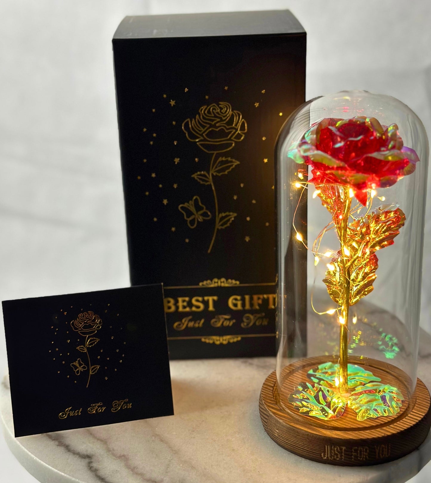 Luxury Galaxy Rose in a Glass Dome - Red, Pink and Pearl