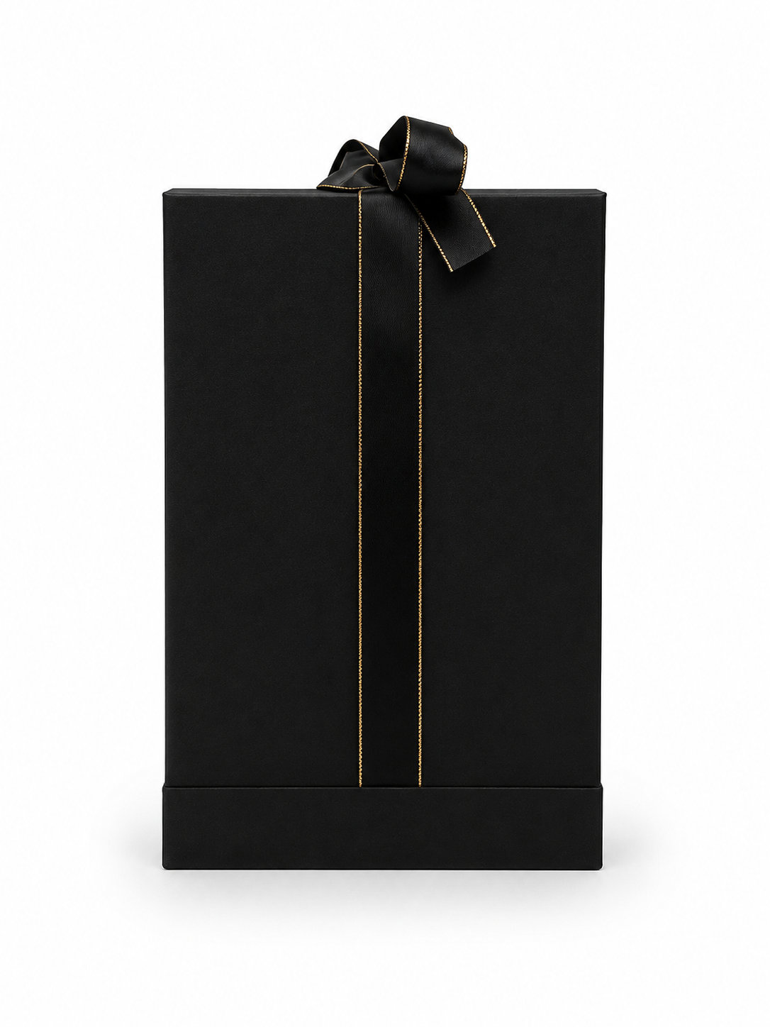 A tall, black rectangular gift box with a black satin ribbon tied in a bow at the top and thin gold vertical stripe details, shown on a plain white background.
